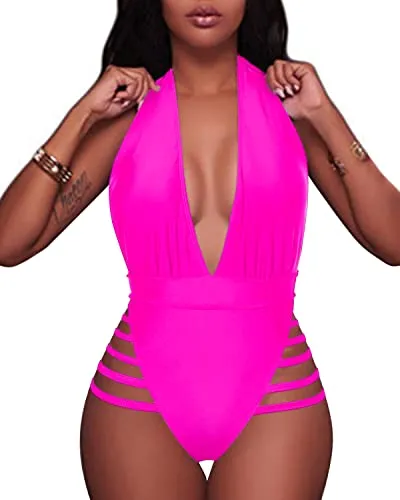 Backless Design Plunge Deep V Neck One Piece Swimsuits-Neon Pink