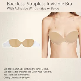 Backless, Strapless Invisible Bra With Adhesive Wings - Size A- Beige