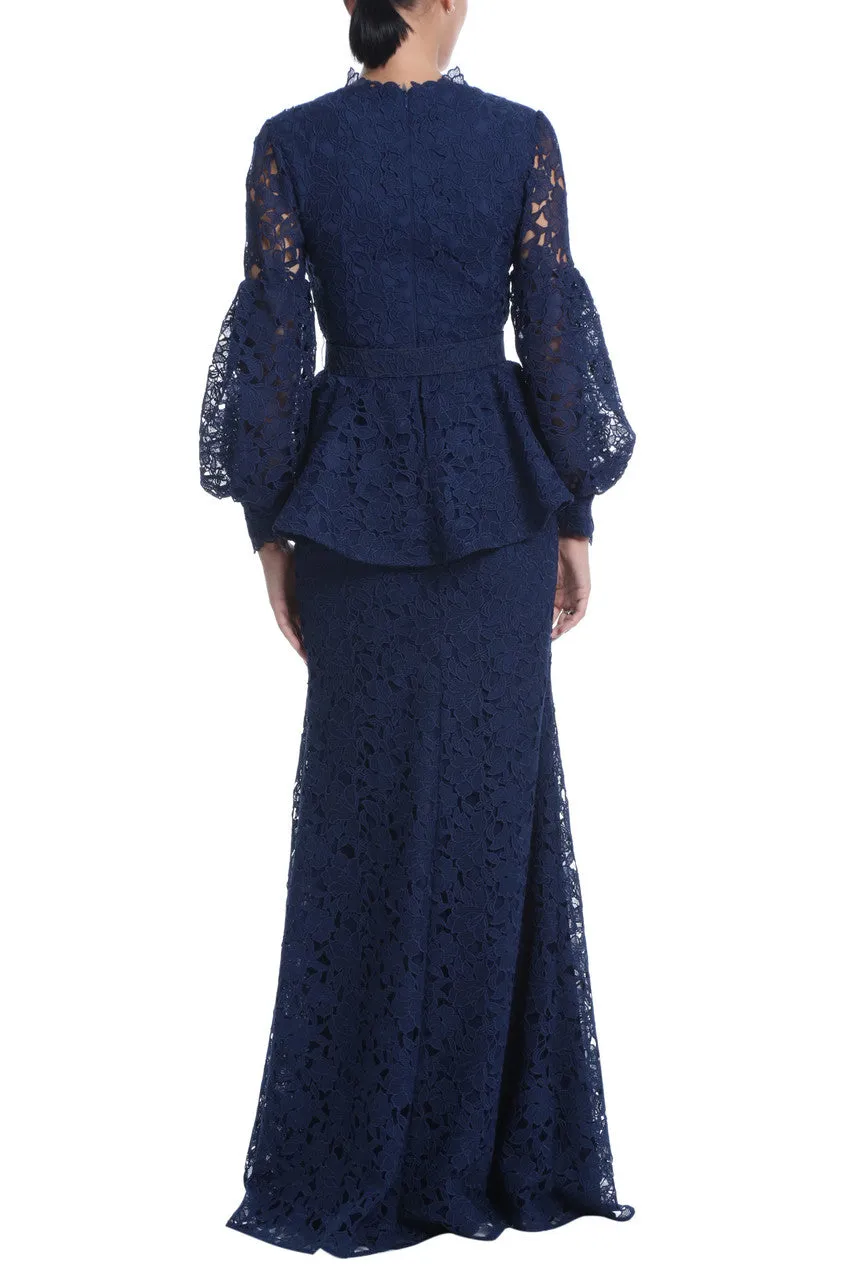 Badgley Mischka V-neck blouson sleeve crystal button detail belted zipper closure lace gown