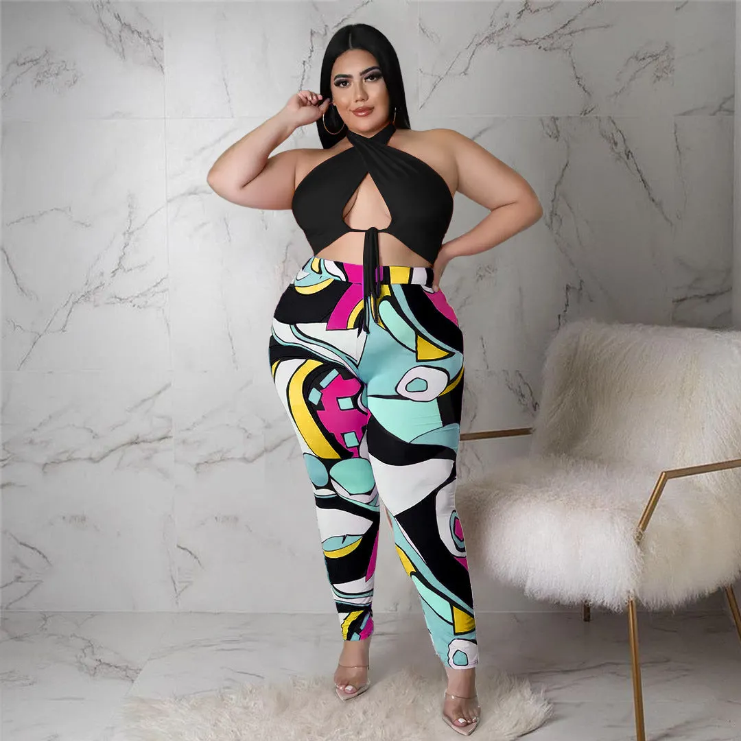 Bandage print hanging neck plus size Set AY1910