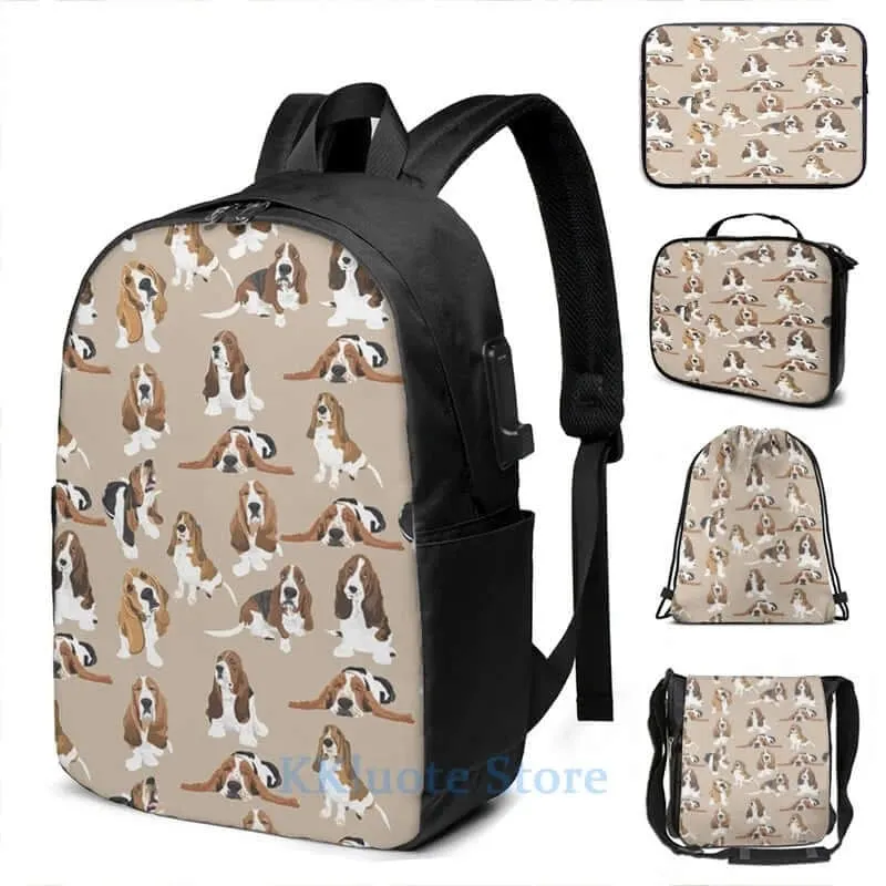 Basset Hound USB Charge Backpack, Laptop Bag, Drawstring Bag