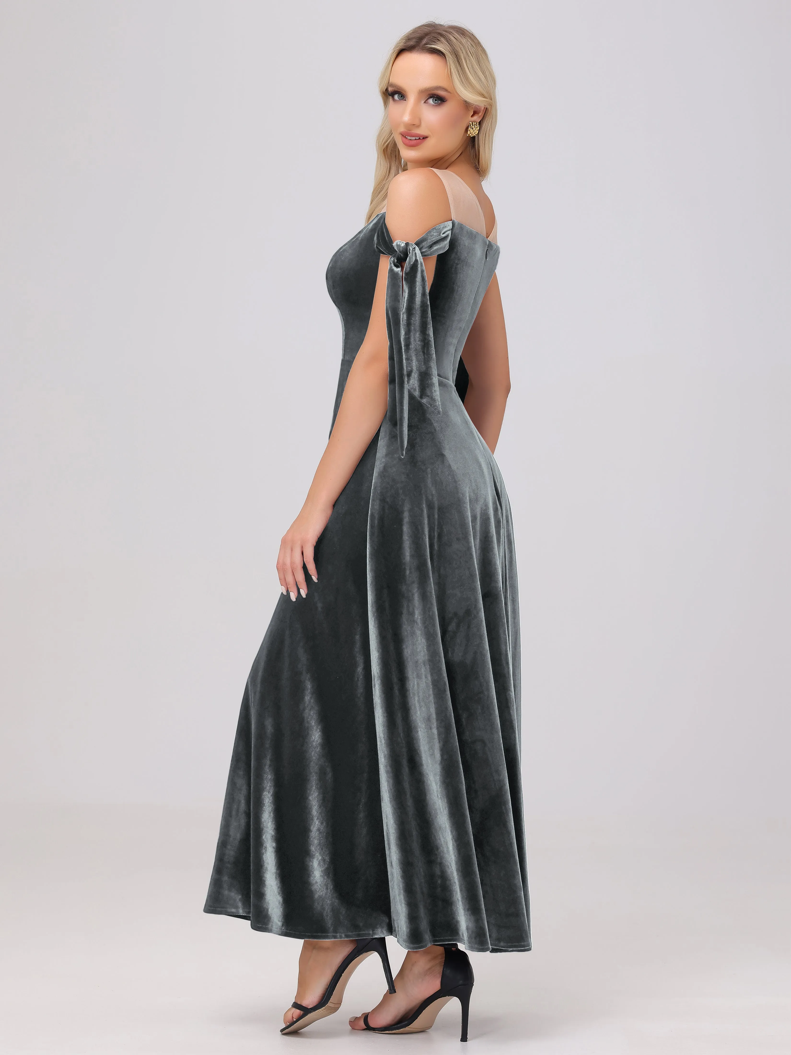 Bateau Off The Shoulder Long Velvet Bridesmaid Dresses