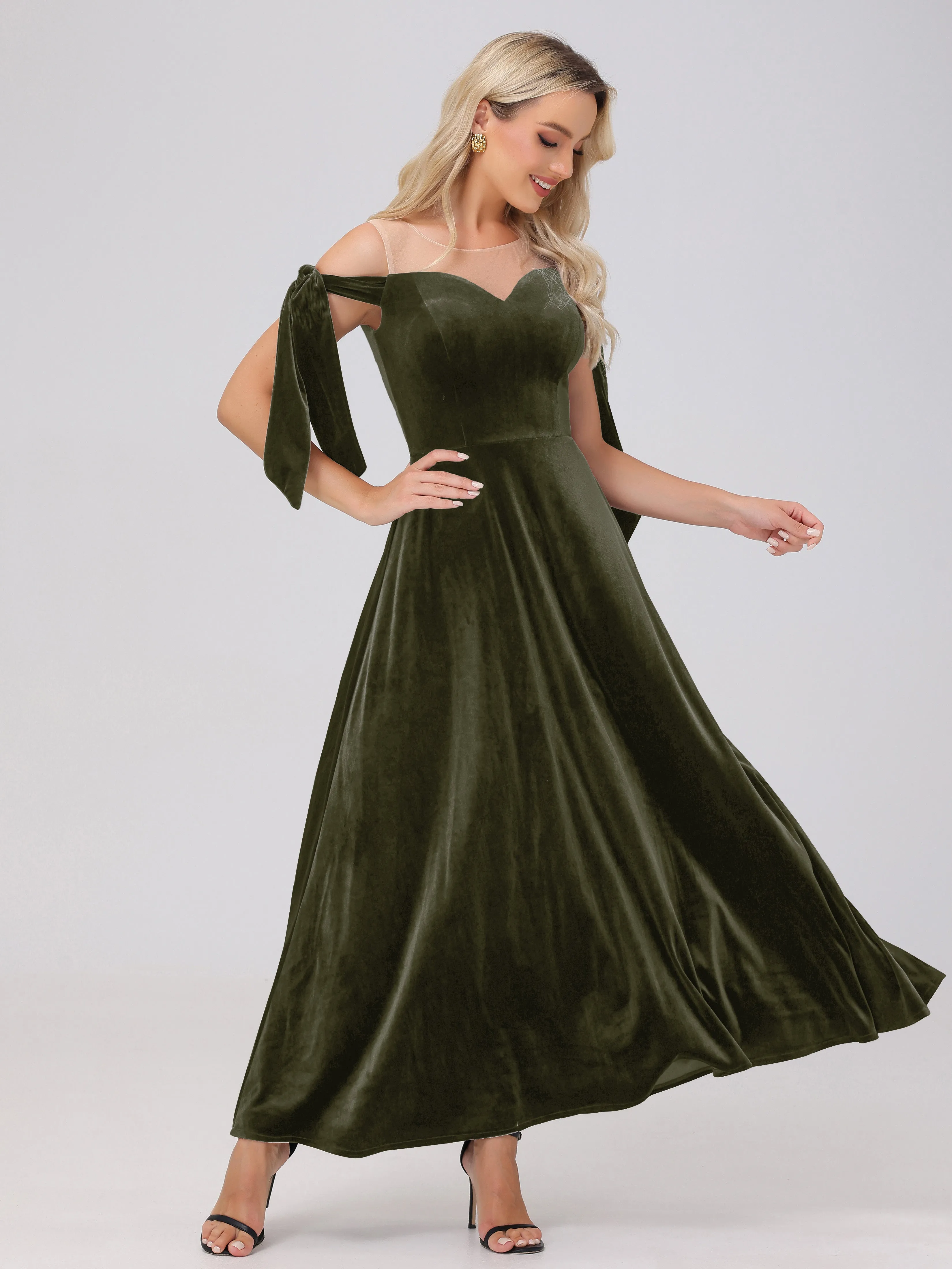 Bateau Off The Shoulder Long Velvet Bridesmaid Dresses