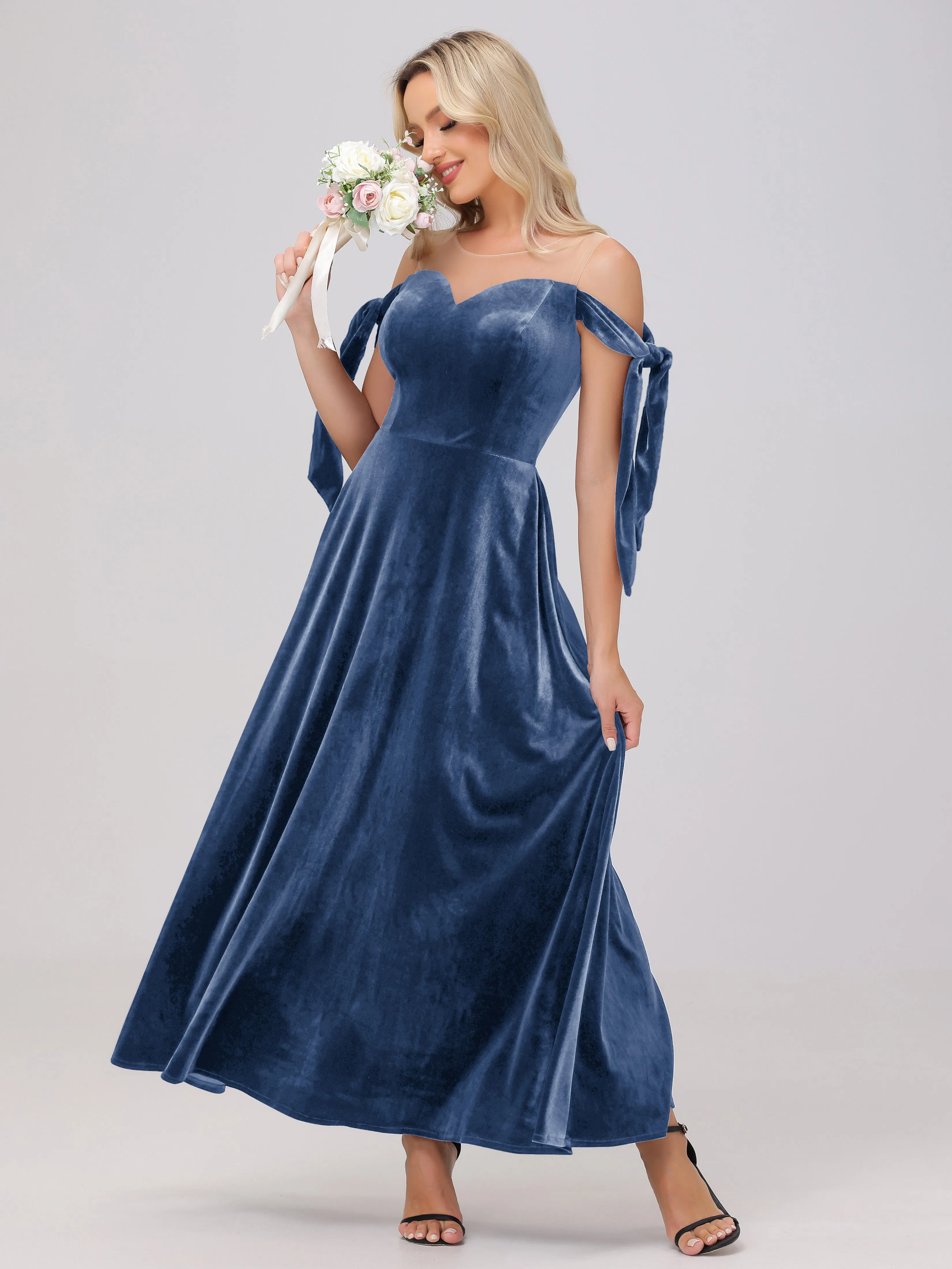 Bateau Off The Shoulder Long Velvet Bridesmaid Dresses