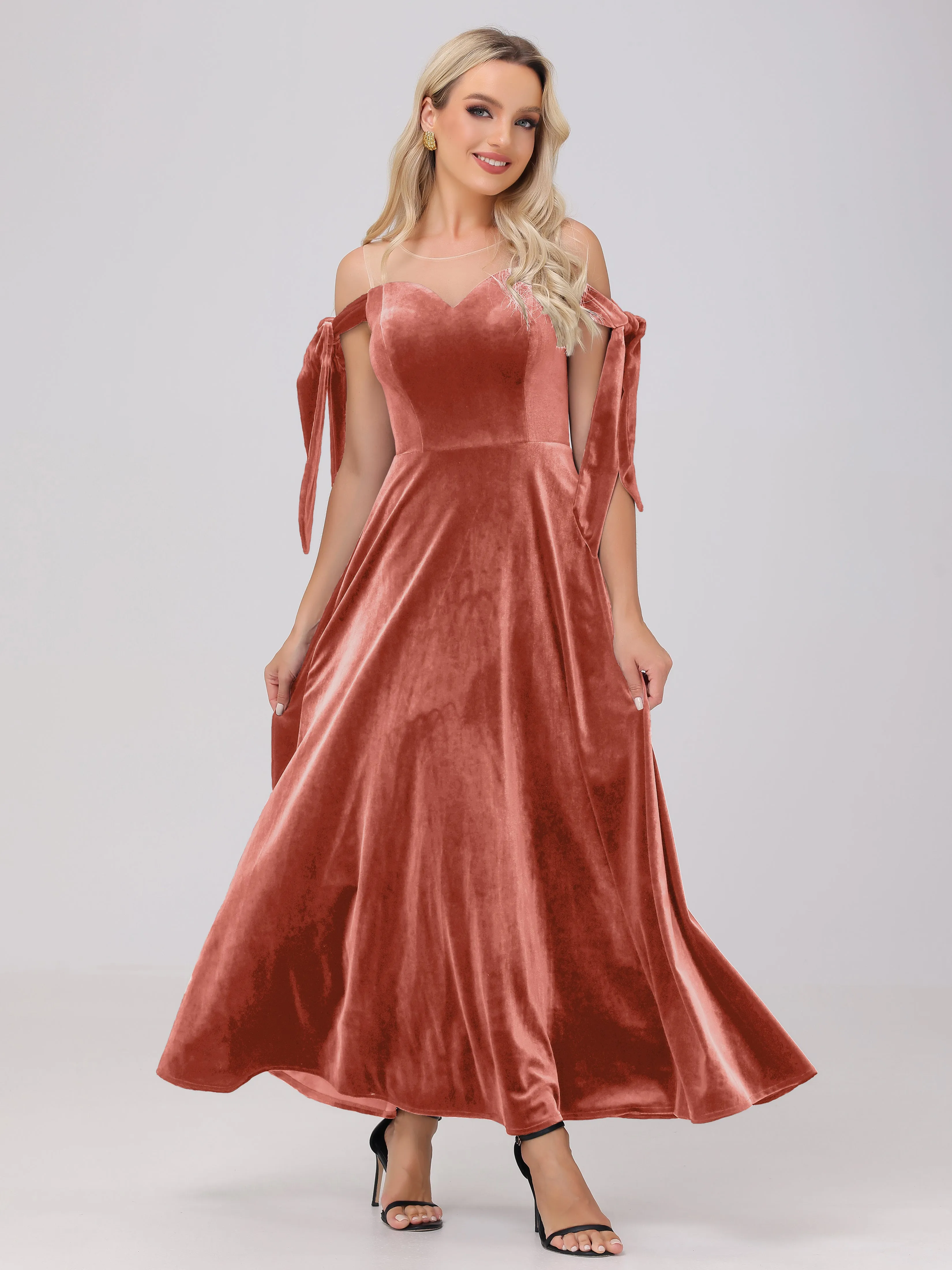 Bateau Off The Shoulder Long Velvet Bridesmaid Dresses