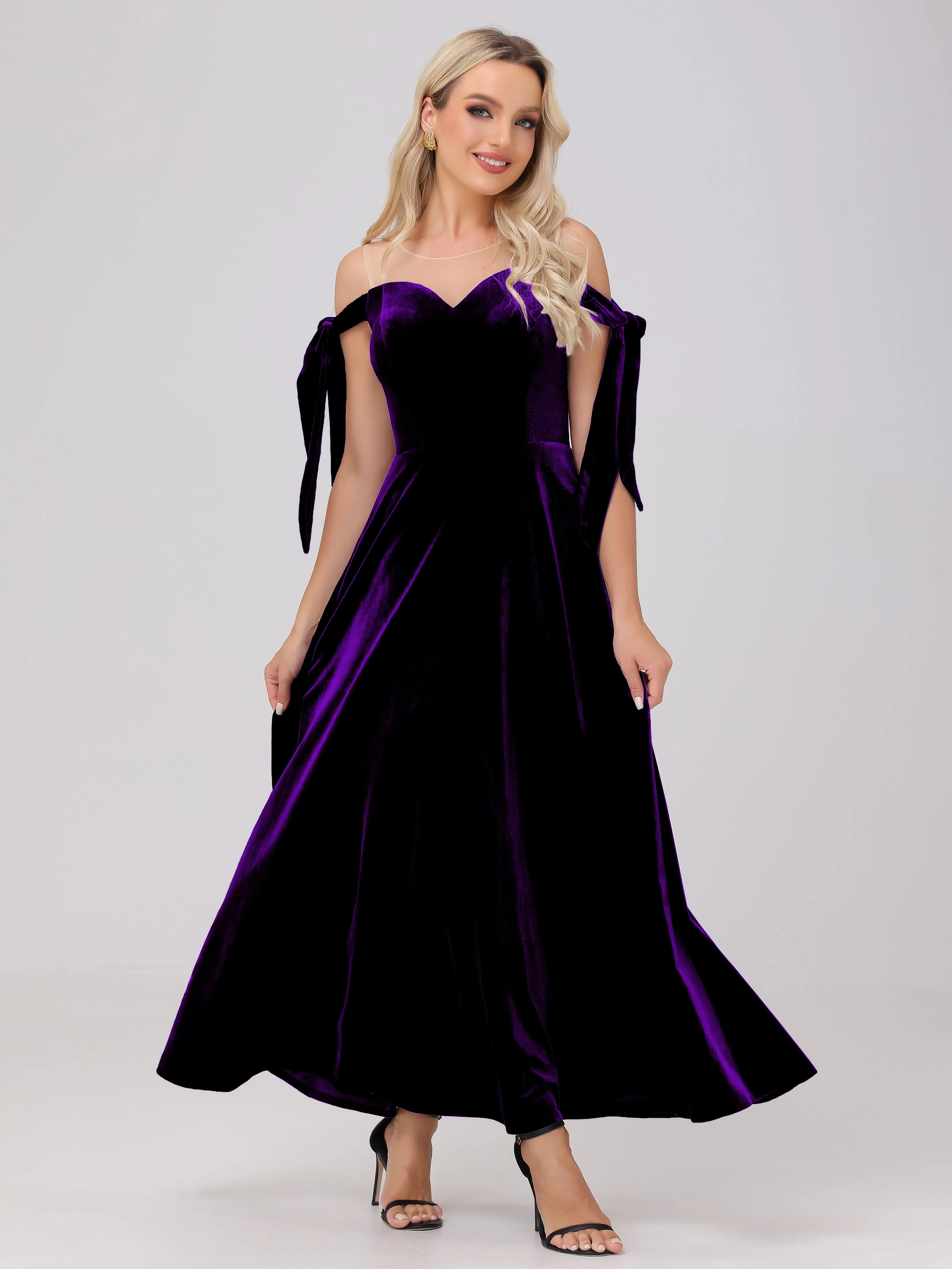 Bateau Off The Shoulder Long Velvet Bridesmaid Dresses