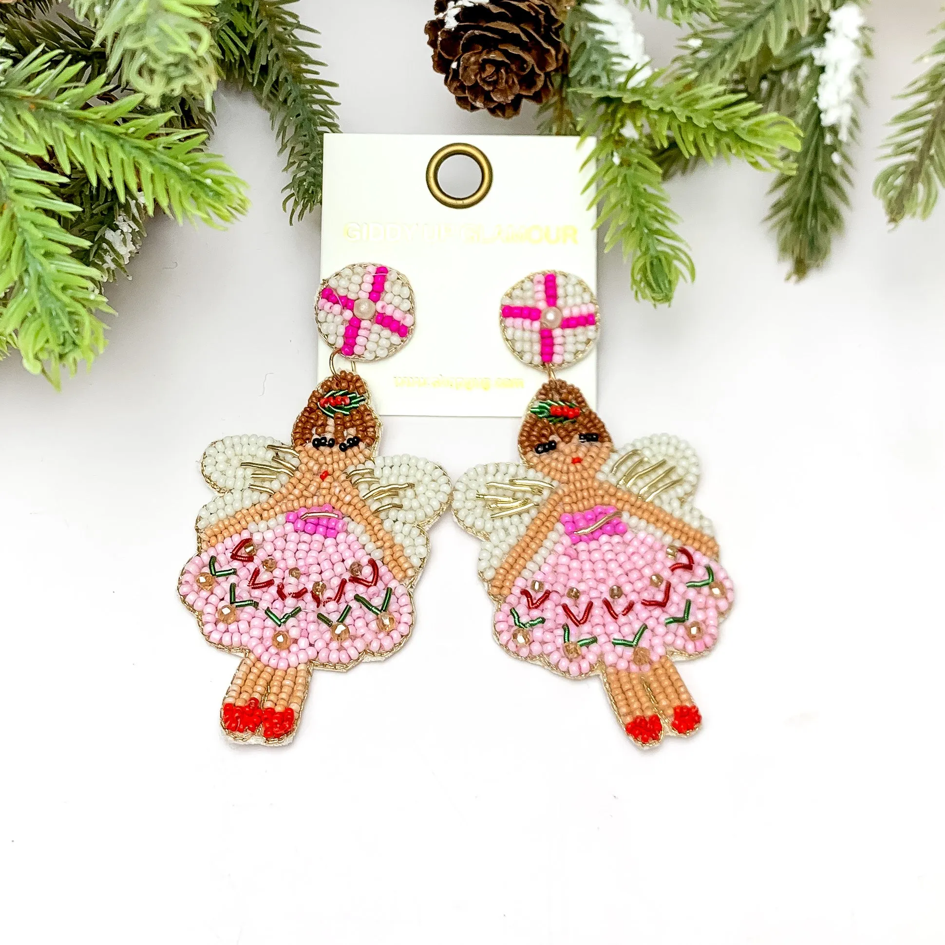 Beaded Christmas Fairy Earrings in Pink Tones