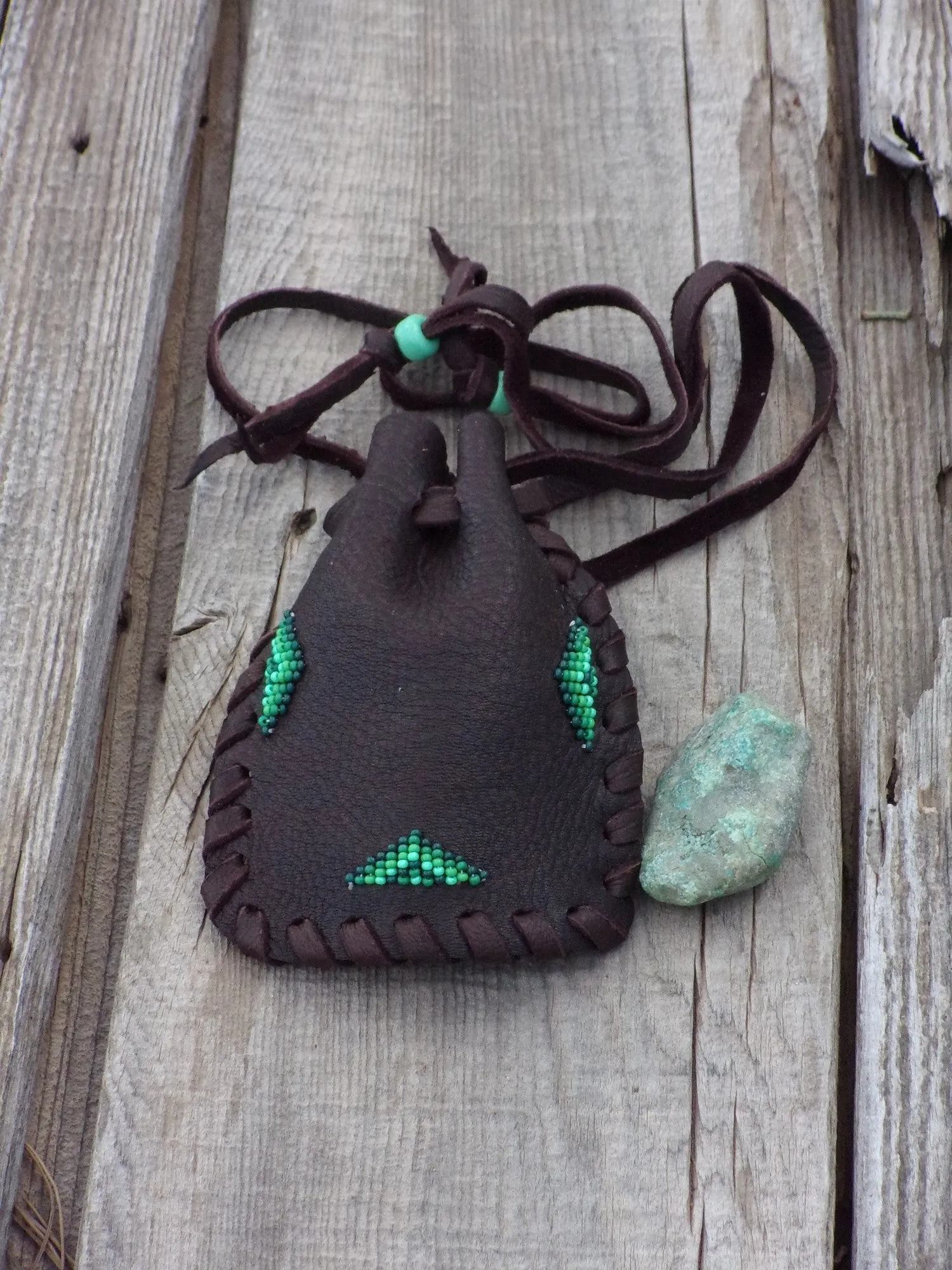 Beaded medicine bag, leather drawstring pouch