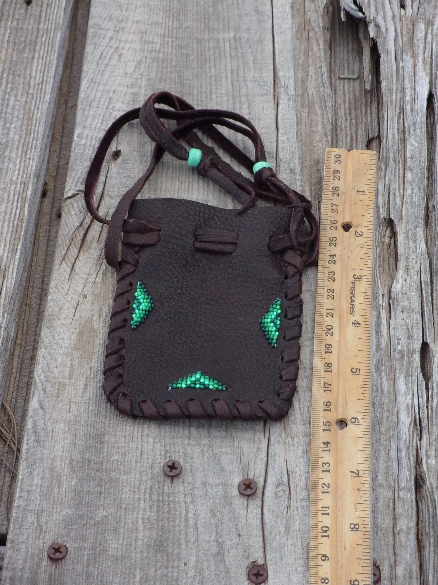 Beaded medicine bag, leather drawstring pouch