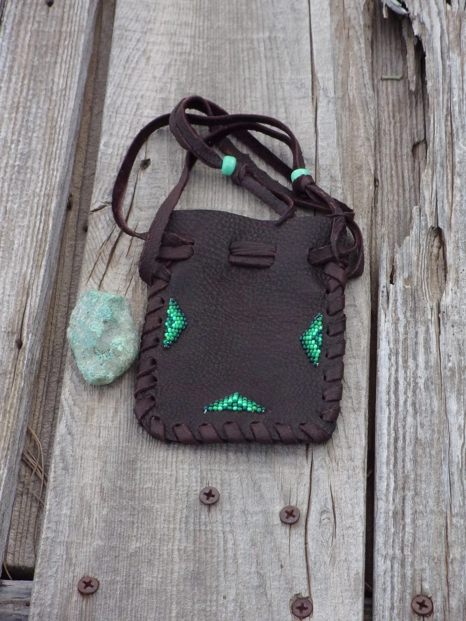 Beaded medicine bag, leather drawstring pouch