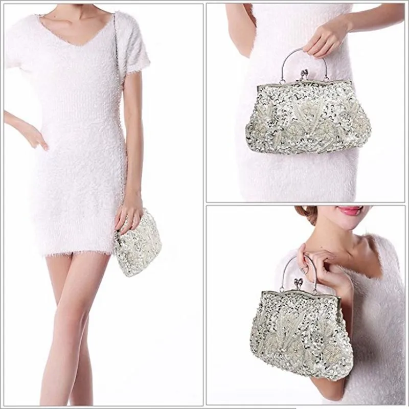 Beaded Sequin Design Metal Frame Kissing Lock Satin Interior Evening Clutch