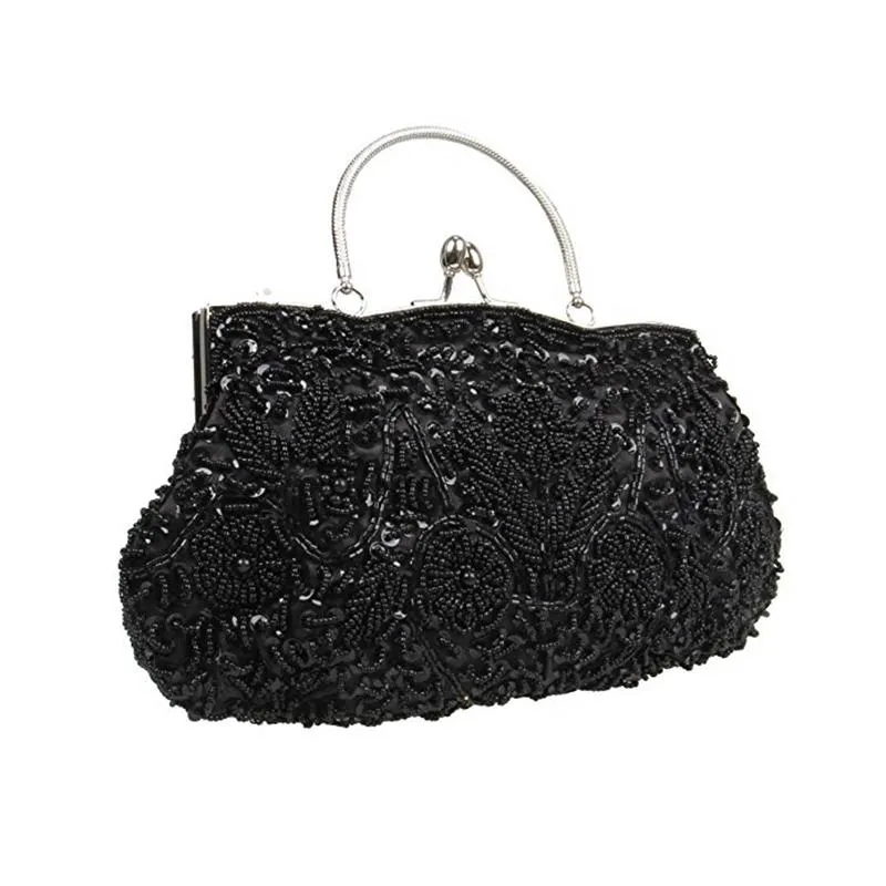 Beaded Sequin Design Metal Frame Kissing Lock Satin Interior Evening Clutch