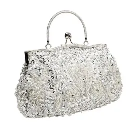 Beaded Sequin Design Metal Frame Kissing Lock Satin Interior Evening Clutch