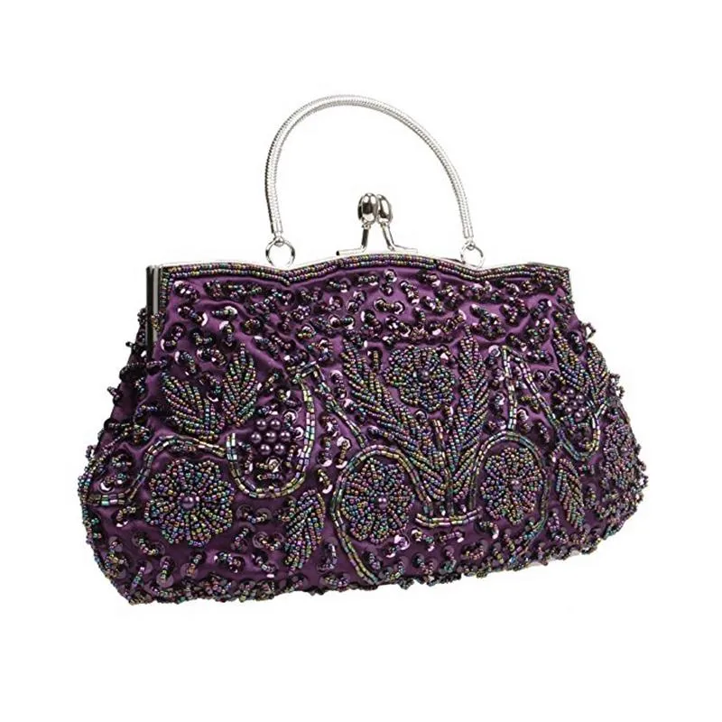 Beaded Sequin Design Metal Frame Kissing Lock Satin Interior Evening Clutch