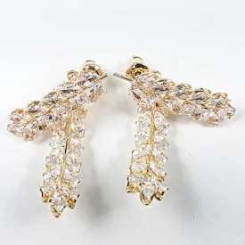 Beautiful Floral Design CZ Dangle Layered Gold Tone Stud Brass Earrings