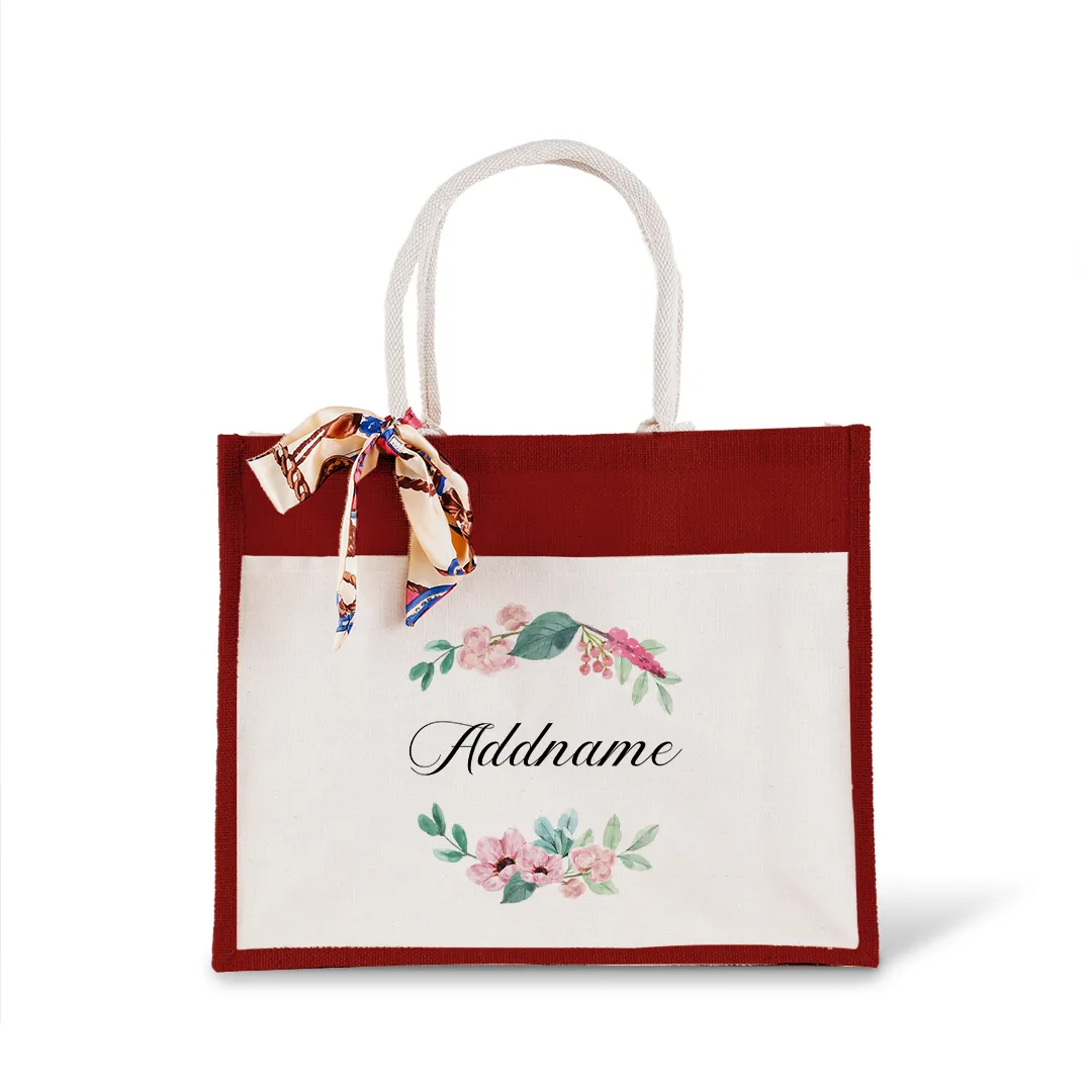 Beautiful Flower Wreath Jute Bag with Front Pocket