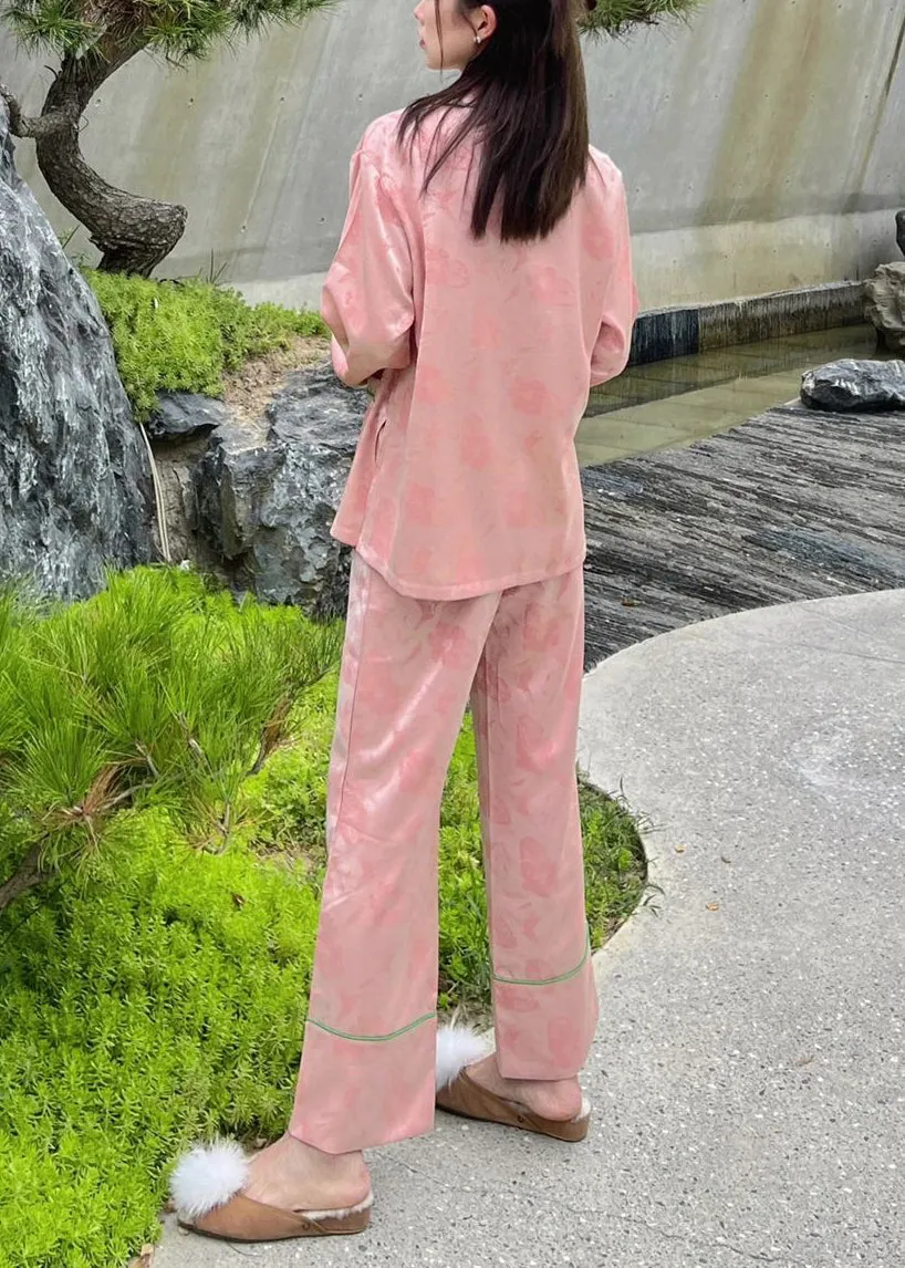 Beautiful Pink Peter Pan Collar Print Button Ice Silk Pajamas Two Pieces Set Spring LY1908