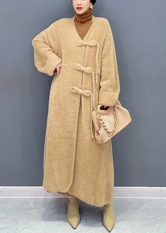 Beautiful Pink V Neck Button Woolen Trench Coat Long Sleeve ML1447