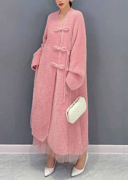 Beautiful Pink V Neck Button Woolen Trench Coat Long Sleeve ML1447