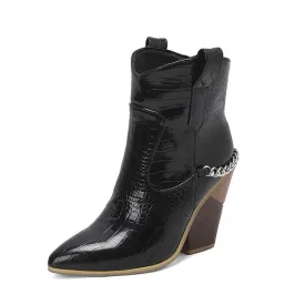 BECKYWALK Chain Design High Heel Ankle Cowboy Boots