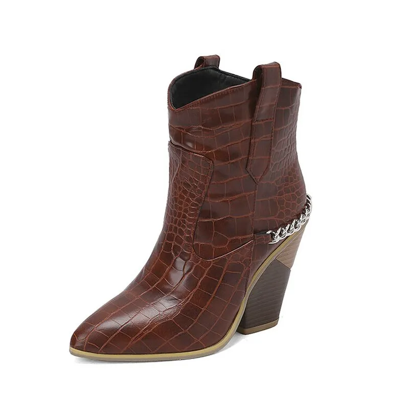 BECKYWALK Chain Design High Heel Ankle Cowboy Boots