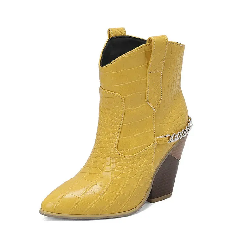 BECKYWALK Chain Design High Heel Ankle Cowboy Boots