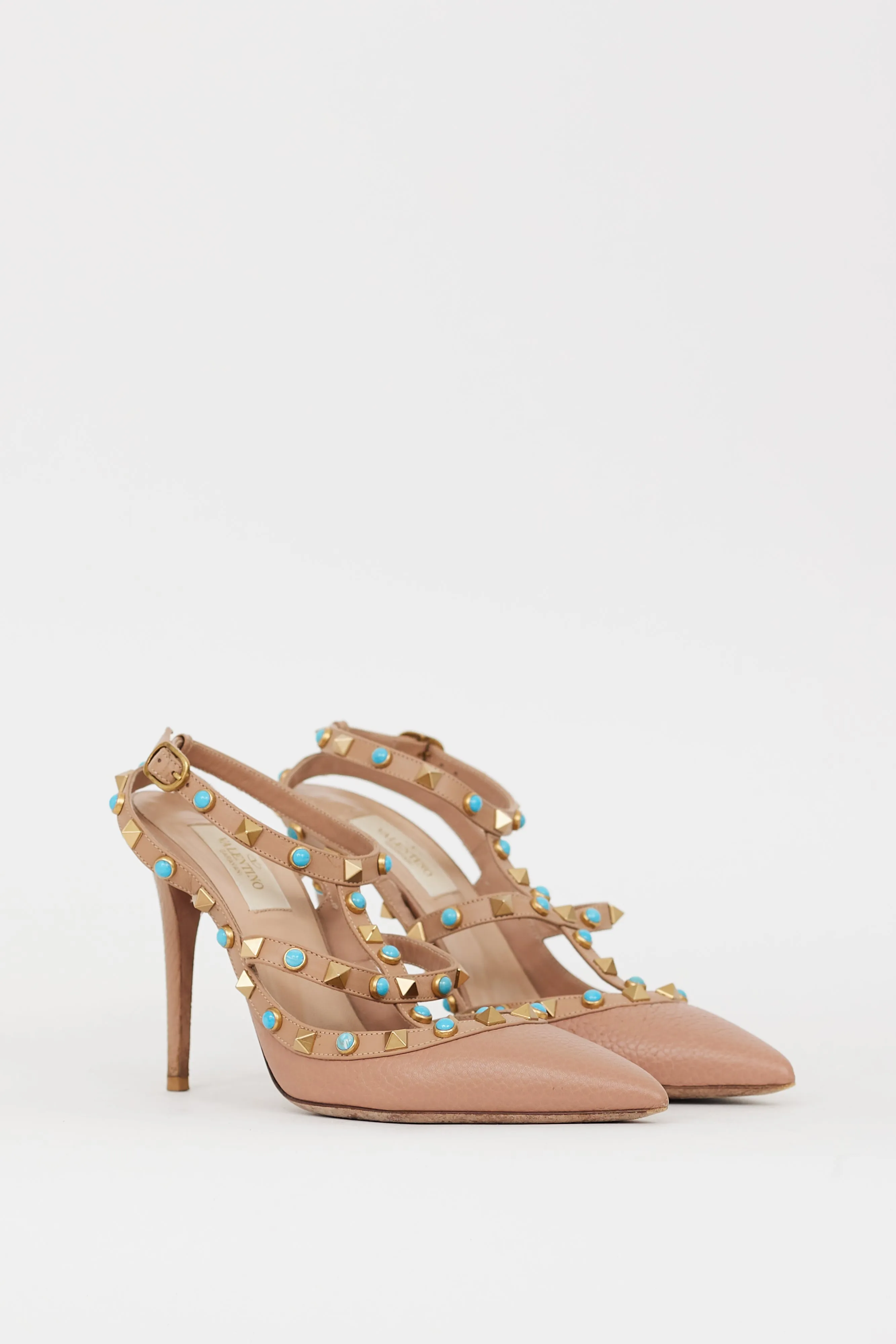 Beige & Blue Rolling Rockstud Caged Heel