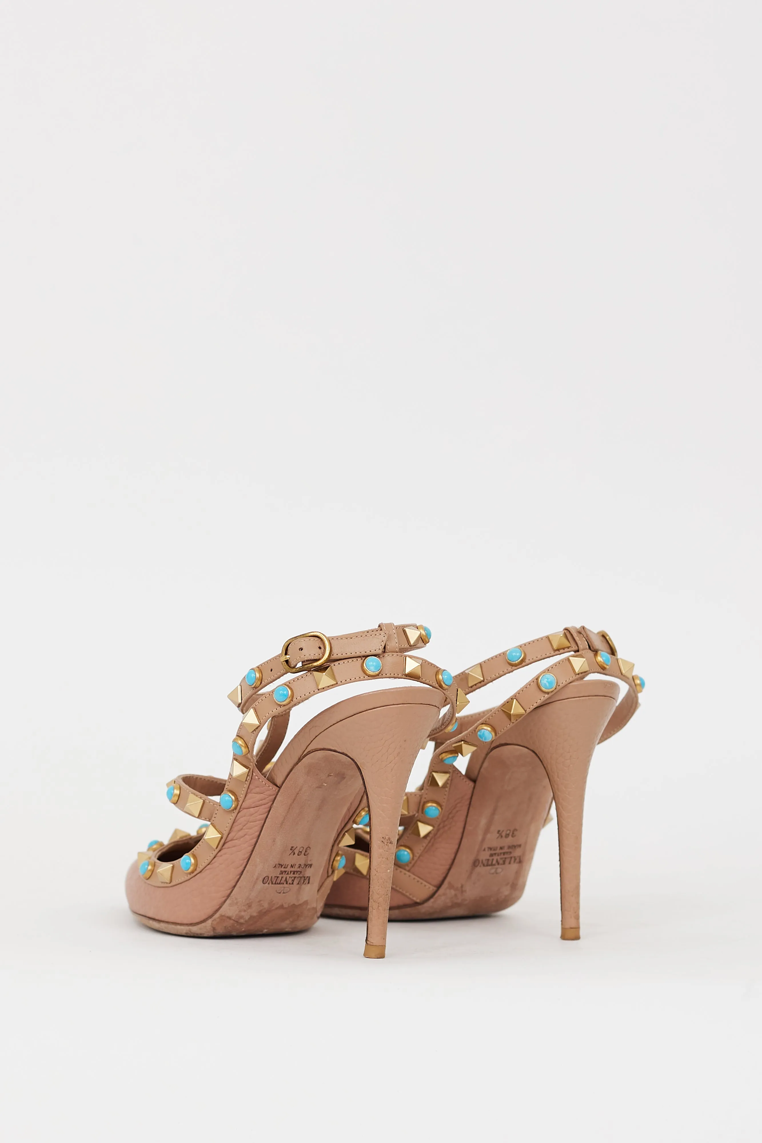 Beige & Blue Rolling Rockstud Caged Heel