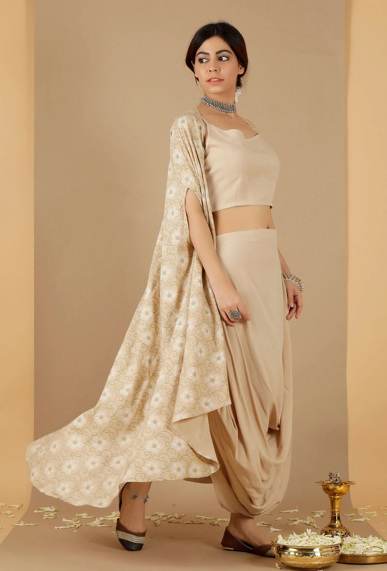 Beige Bandhani Asymmetrical Cape