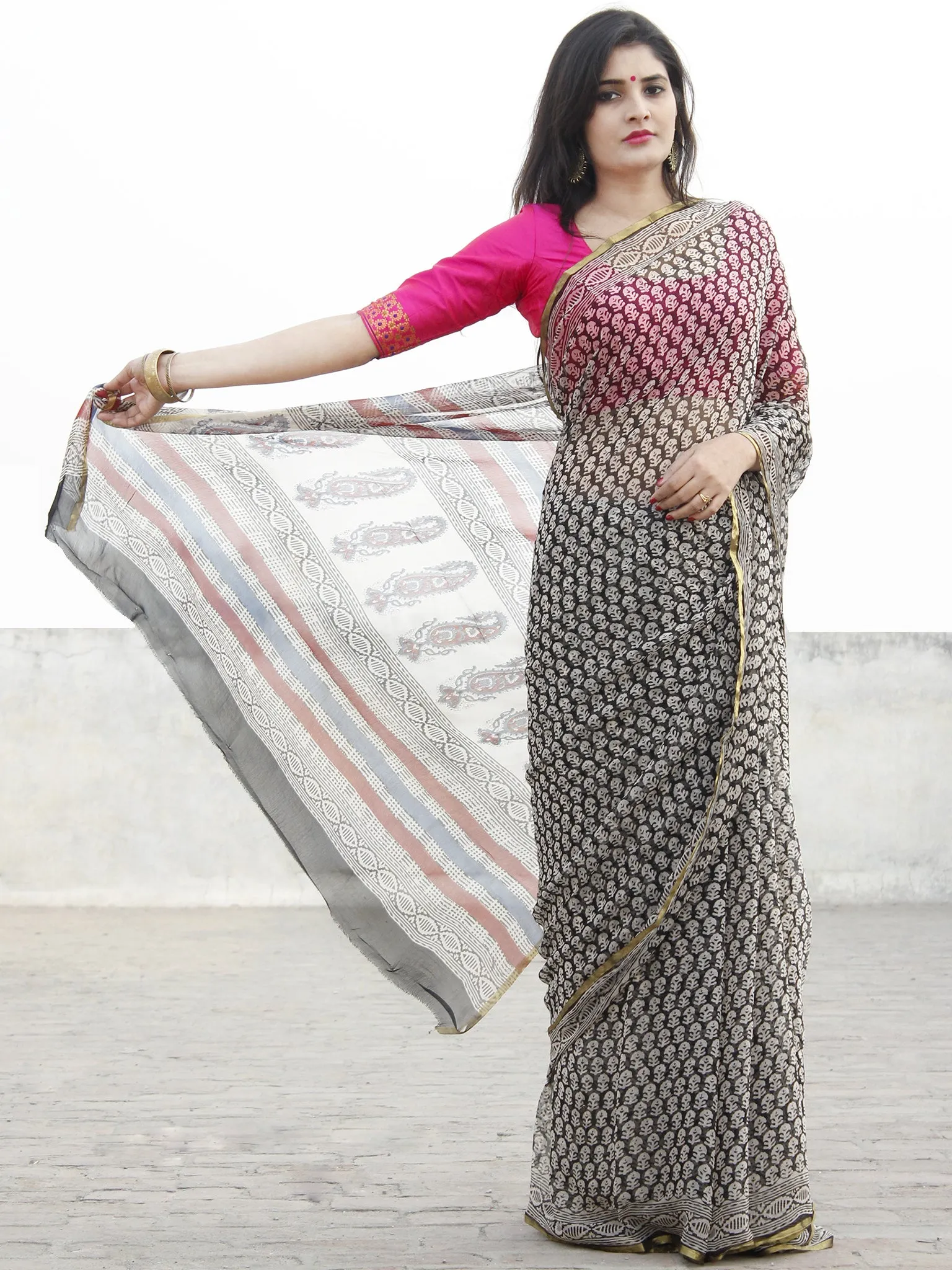 Beige Black Hand Block Printed Chiffon Saree With Zari Border- S031702573