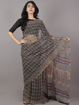 Beige Black Maroon Blue Hand Block Printed Chiffon Saree - S031701686