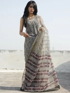 Beige Black Maroon Hand Block Printed Chiffon Saree - S031702329