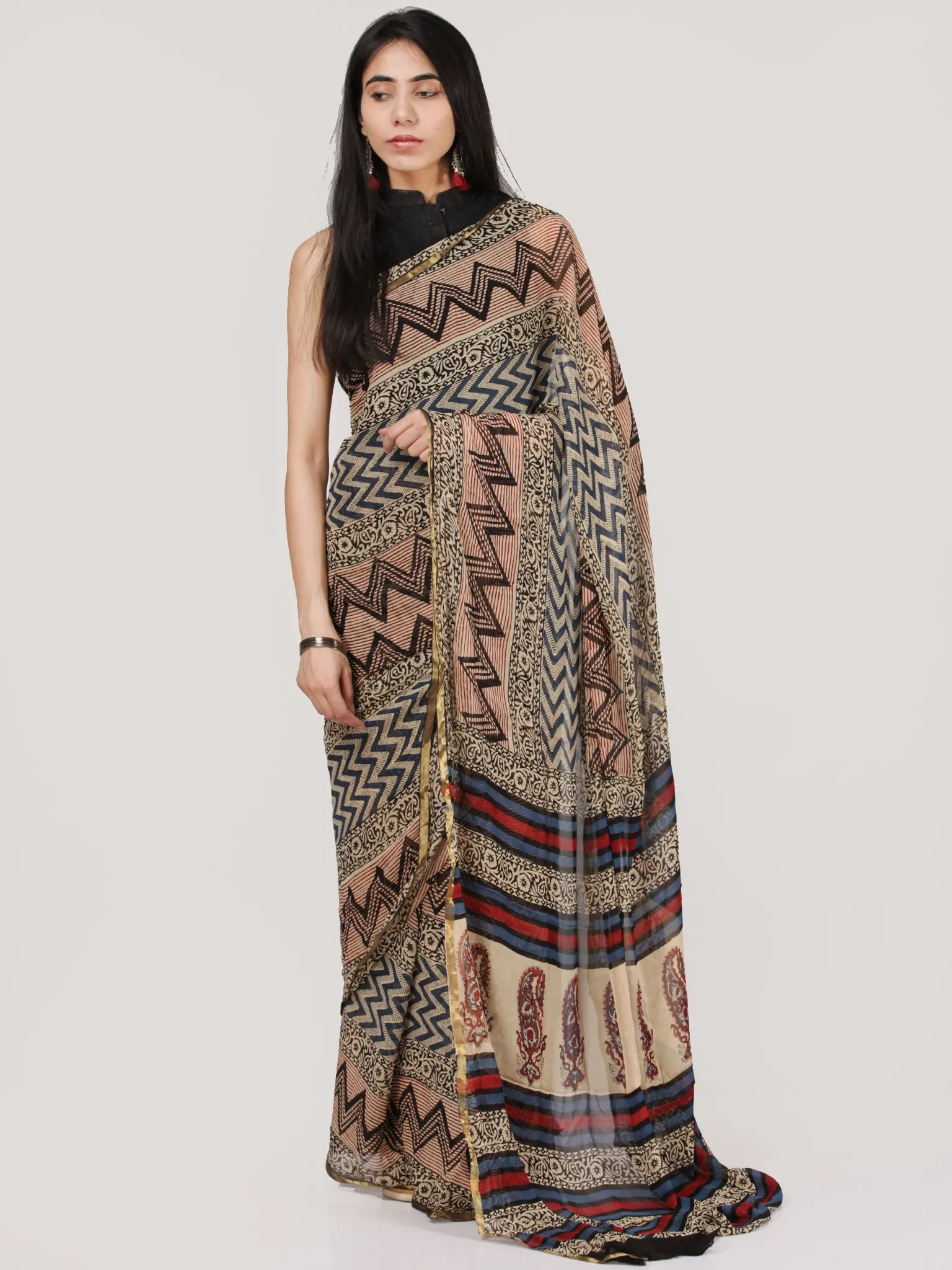 Beige Black Red Hand Block Printed Chiffon Saree With Zari Border - S031704693