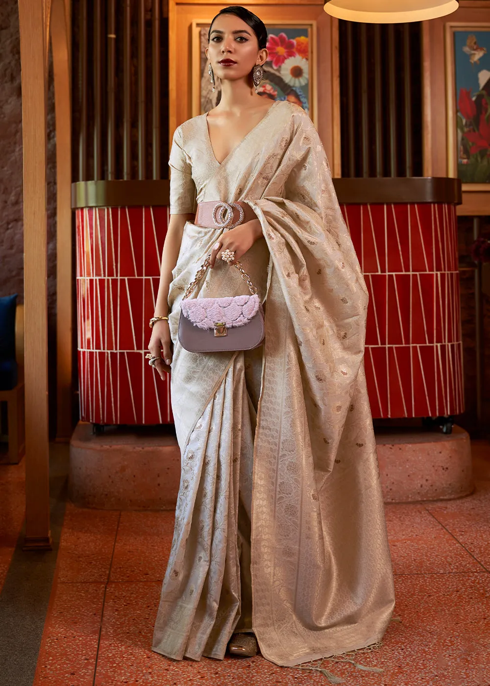 Beige Brown Woven Tussar Silk Saree