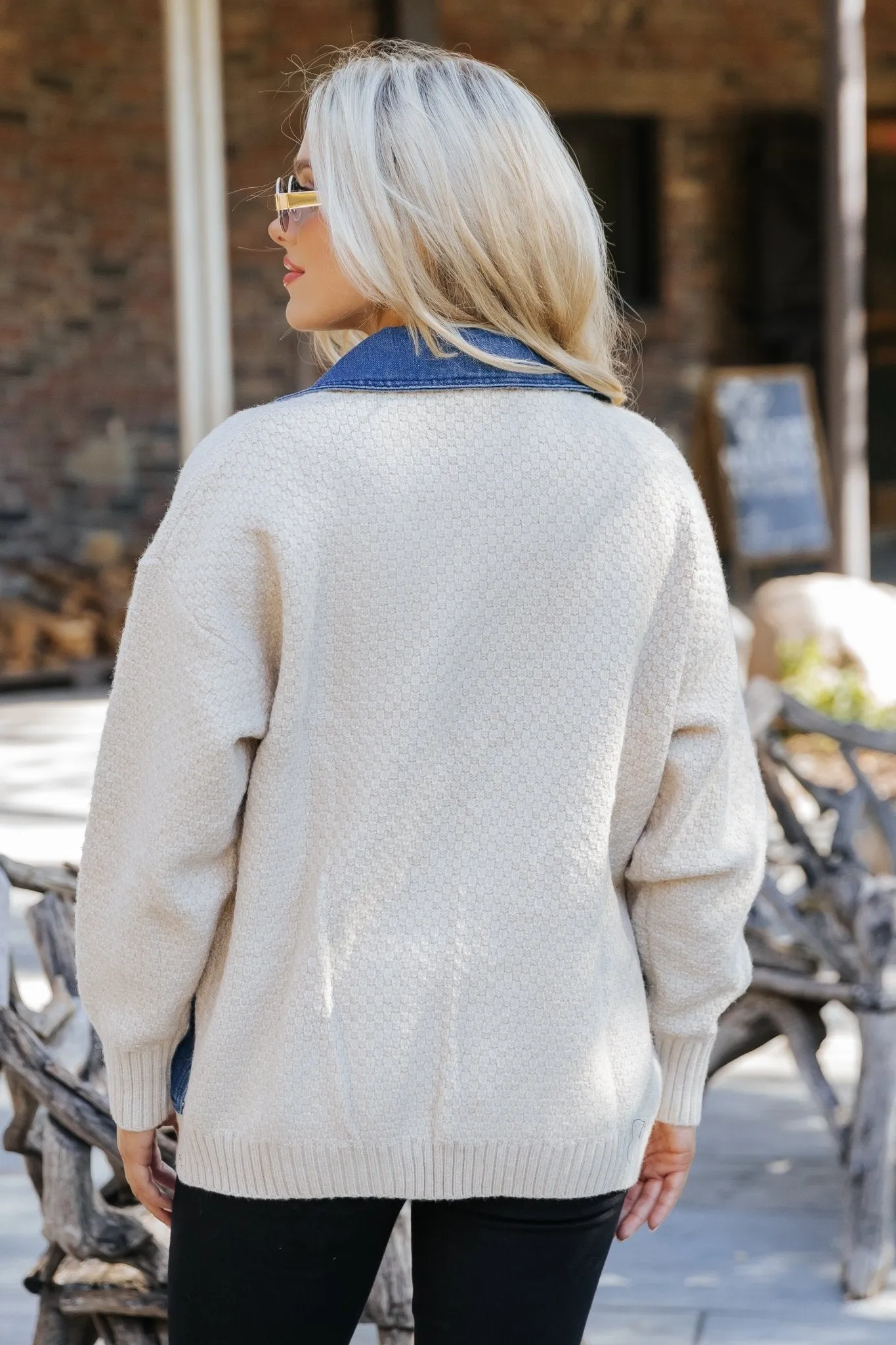 Beige Button Down Denim Cardigan