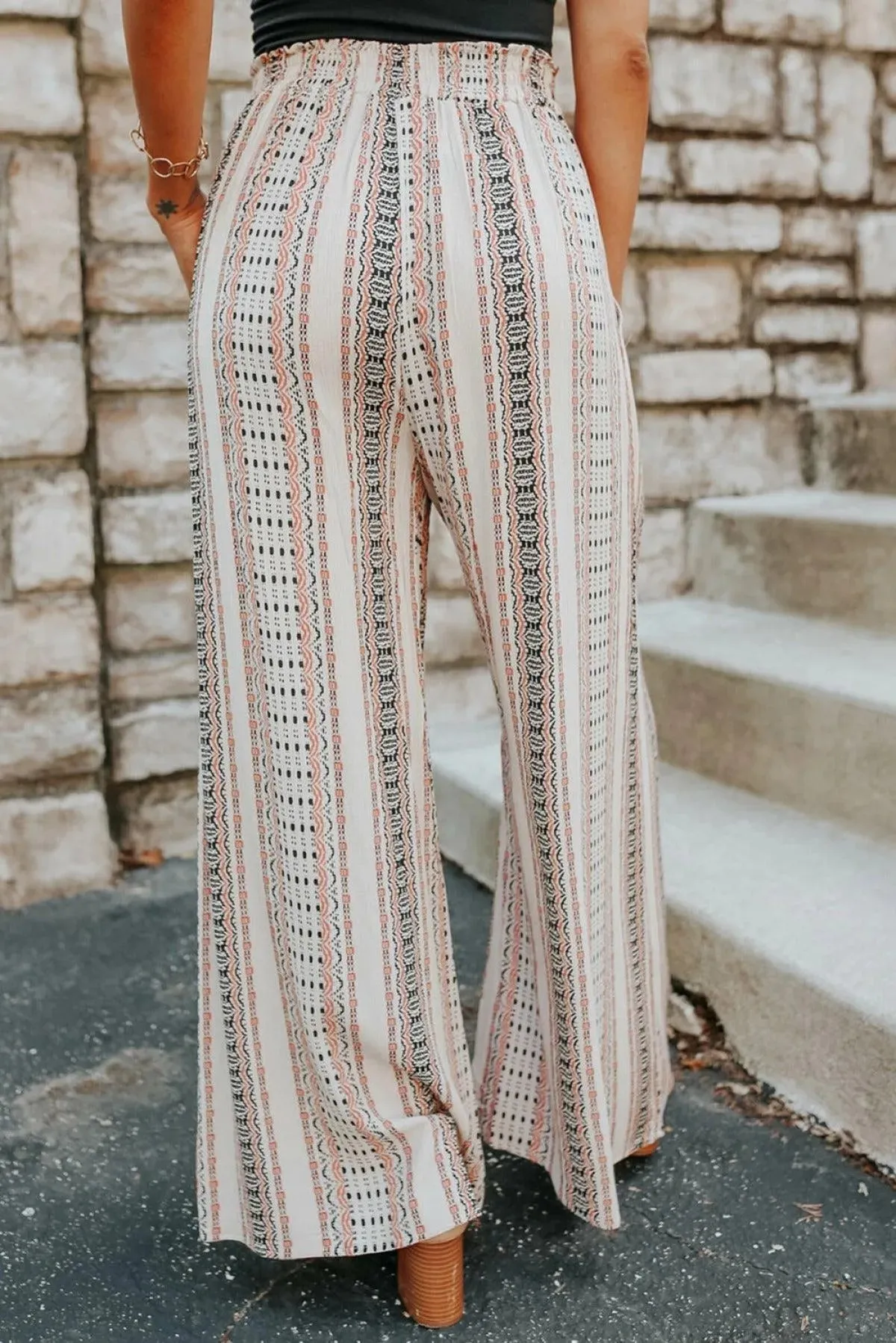 Beige Geometric Pattern Print Shirred Wide Leg Pants