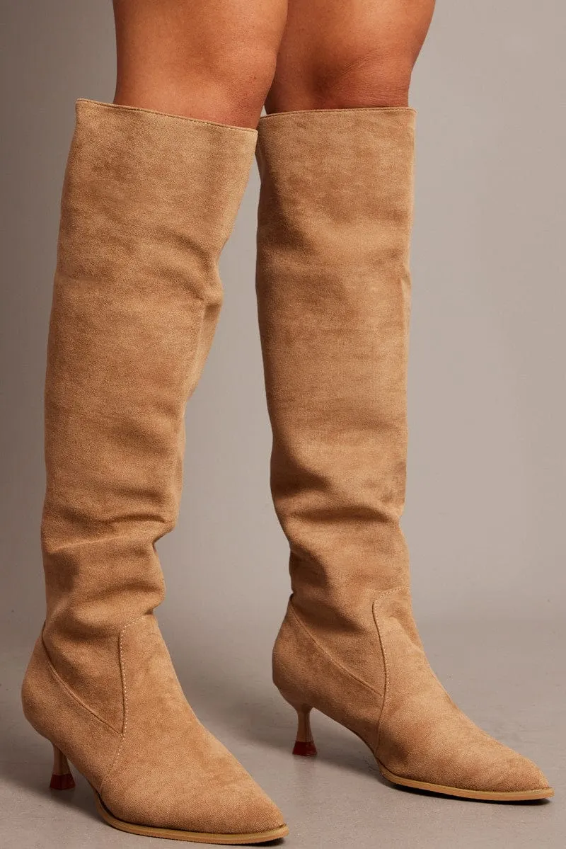 Beige Heeled Knee High Boots