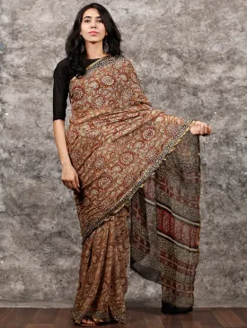 Beige Maroon Black Hand Block Printed Chiffon Saree with Zari Border - S031703496