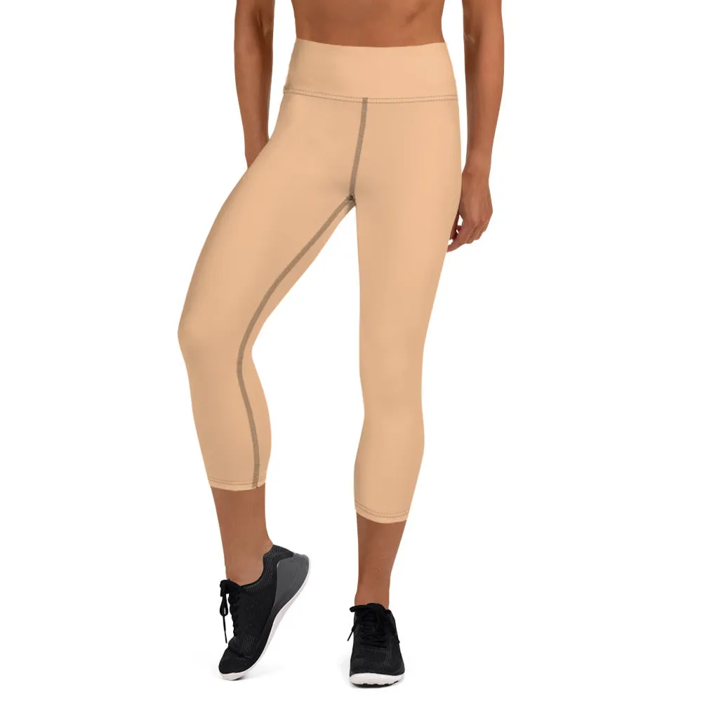 Beige Nude Yoga Capri Leggings, Pastel Nude Solid Color Women's Tights-Made in USA/EU/MX