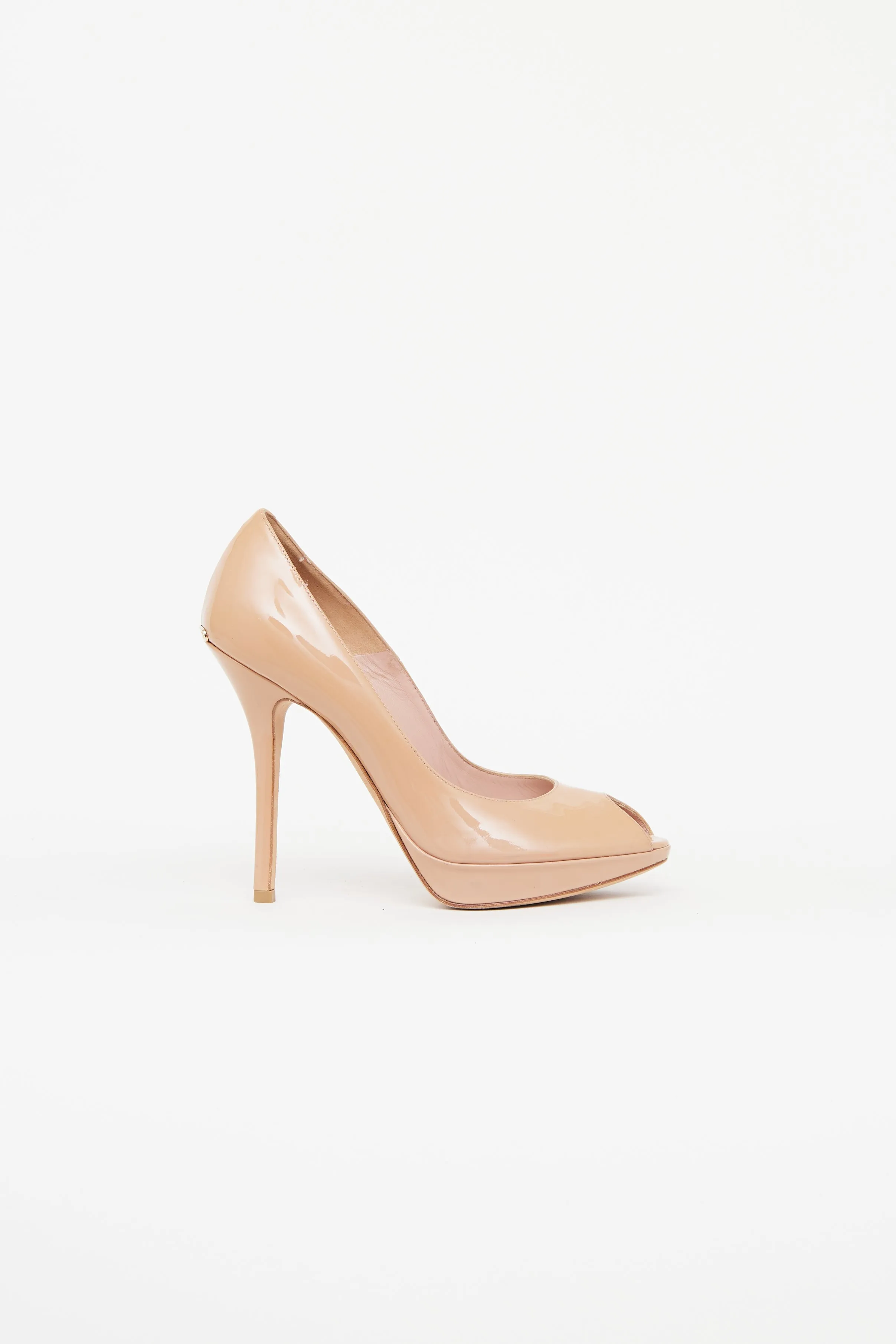 Beige Patent Peep Toe Pumps