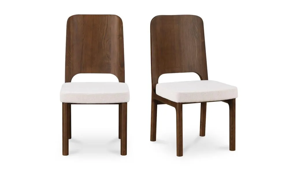 Beige Performance Fabric & Brown Solid Ash Wood Curved Back Armless Dining Chair (Set of Two)