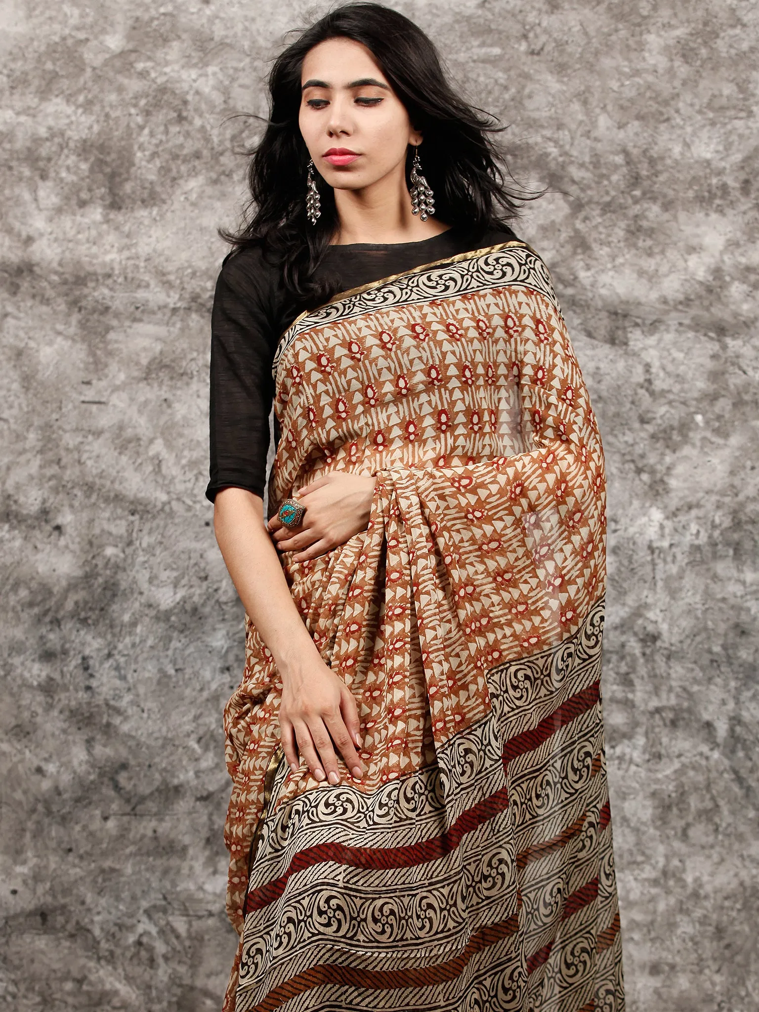 Beige Rust Brown Black Hand Block Printed Chiffon Saree with Zari Border - S031703493