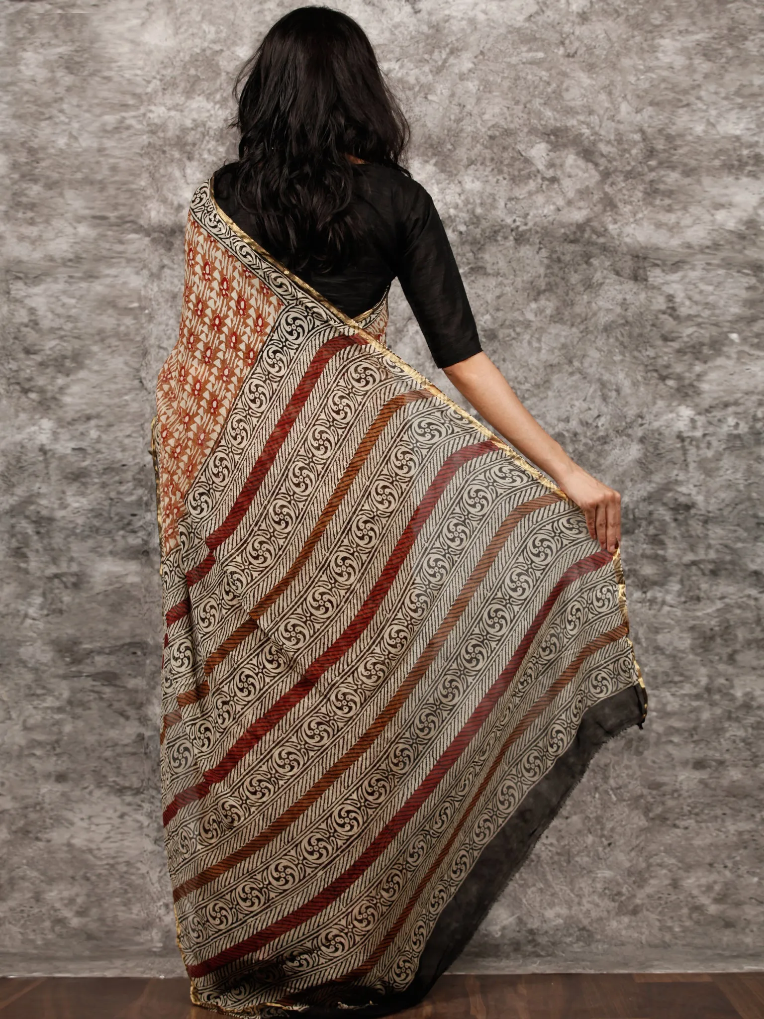 Beige Rust Brown Black Hand Block Printed Chiffon Saree with Zari Border - S031703493