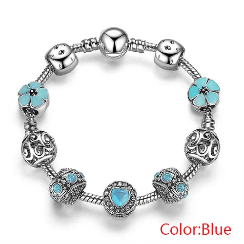 BELAWANG Luxury 925 Silver Charm Bracelet For Women With Flower and Crystal Heart Bead Bracelets Wedding Valentine's Day Jewelry