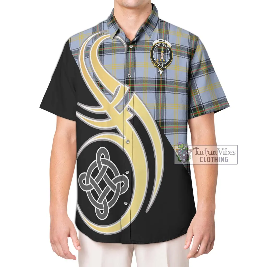 Bell of the Borders Tartan Short Sleeve Button Shirt with Family Crest and Celtic Symbol Style