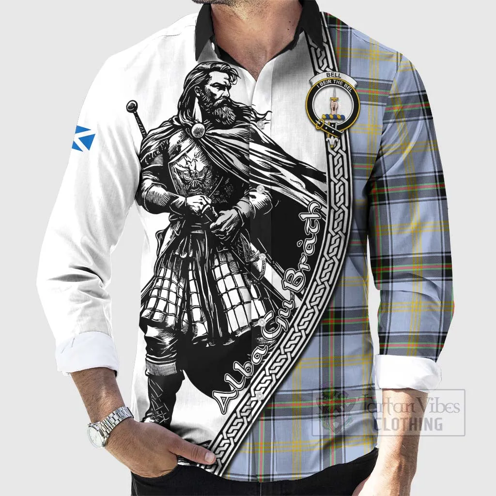 Bell Tartan Clan Crest Long Sleeve Button Shirt with Highlander Warrior Celtic Style