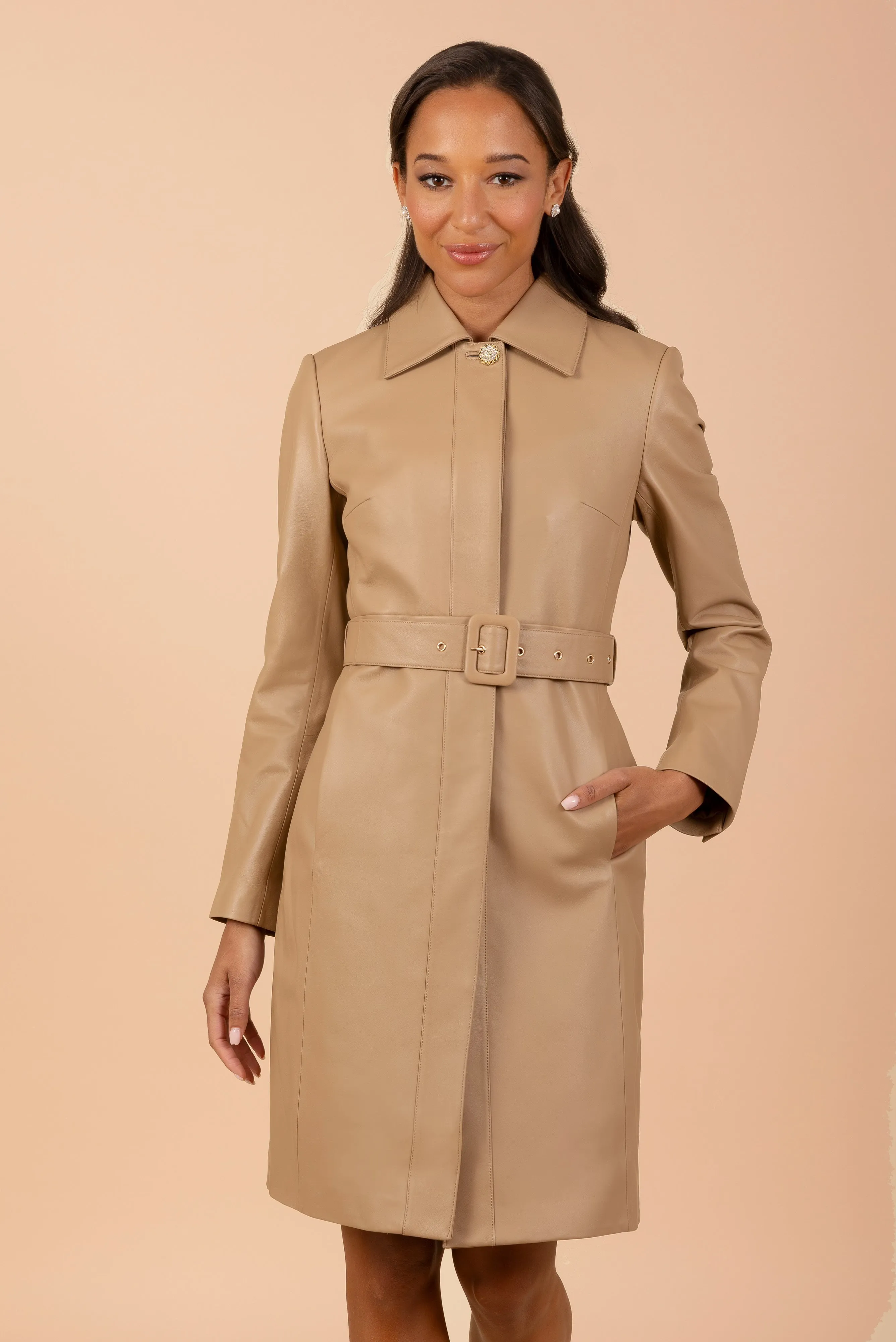 'Bellucci' Belted Leather Coat in Cammello