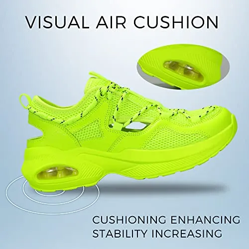 BELOS Women's Air Cushion Sneakers Hiking Outdoor Sandals Breathable Mesh Lightweight Comfortable Athletic Sport Walking Shoes(Neon Green,7B(M) US)