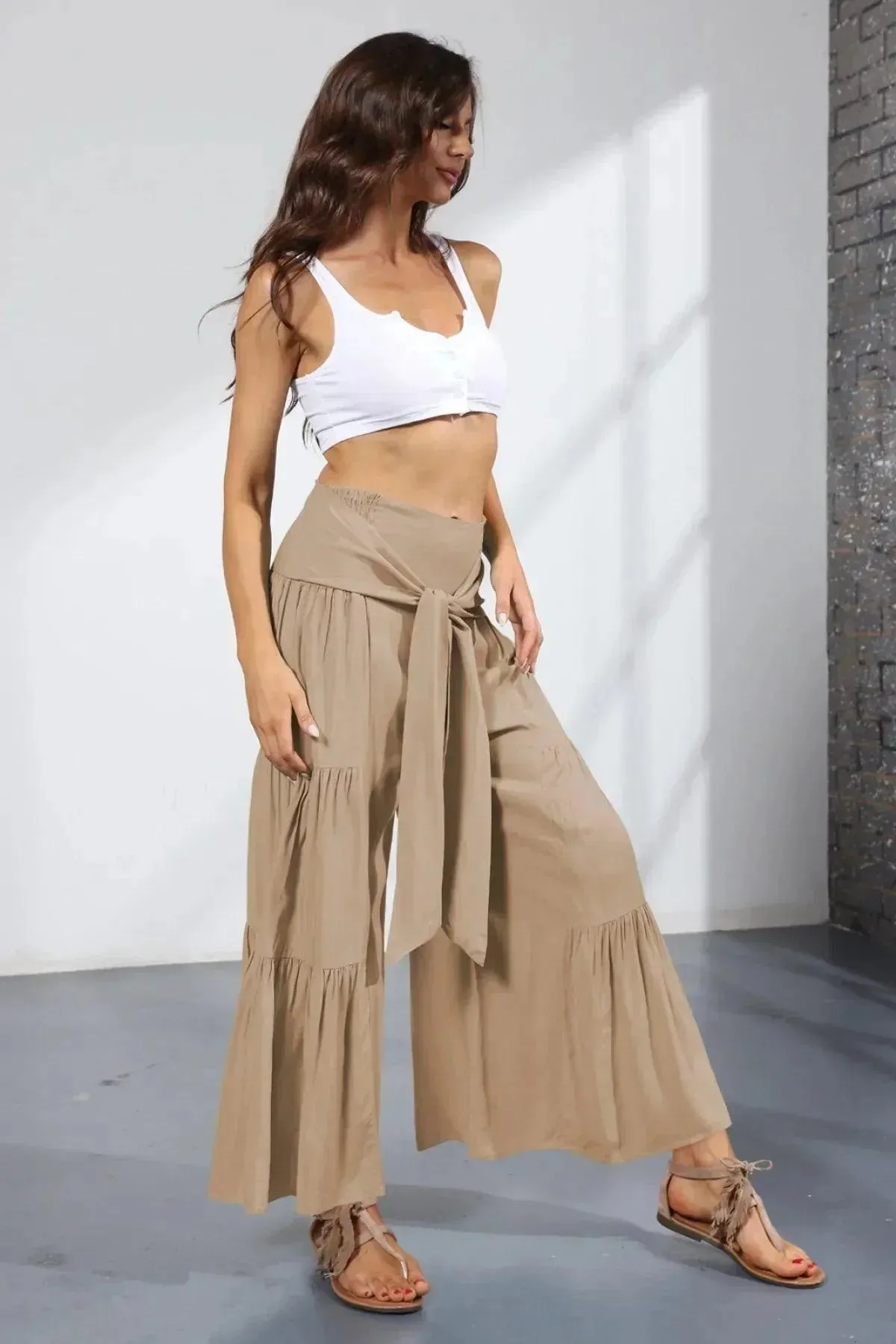 Belted Pleated Solid Wide Leg Pants