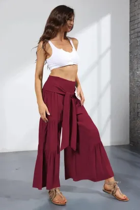 Belted Pleated Solid Wide Leg Pants